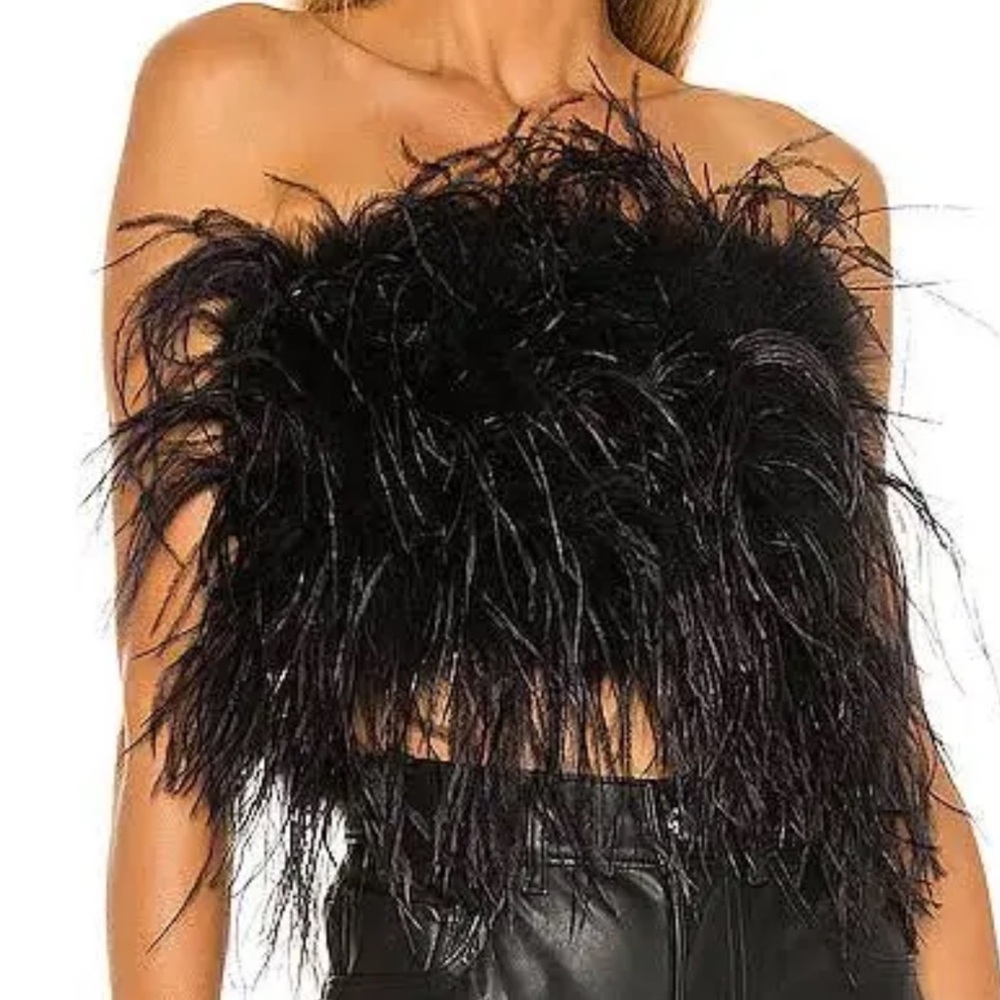 LAMARQUE Elegant Black Feather Crop Top